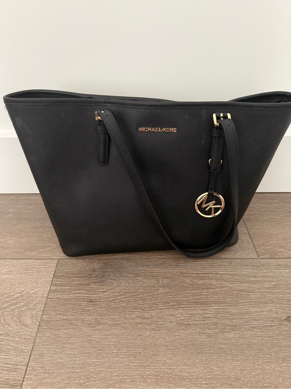 Michael Kors Black Leather Tote with Gold Hardware